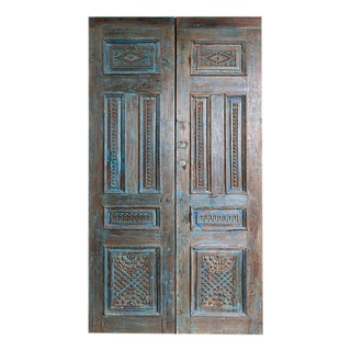 Vintage Blue Carved Double Doors With Copper Studs – Reclaimed Wood - a Pair For Sale