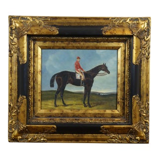 Vintage Jockey on Race Horse Oil Painting on Canvas Equestrian Derby Framed For Sale