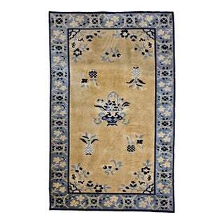 Vintage Chinese Art Deco Rug, Hand-Knotted Wool, Tan & Blue, 1900s For Sale