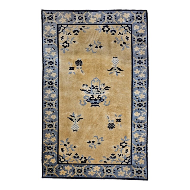 Vintage Chinese Art Deco Rug, Hand-Knotted Wool, Tan & Blue, 1900s For Sale