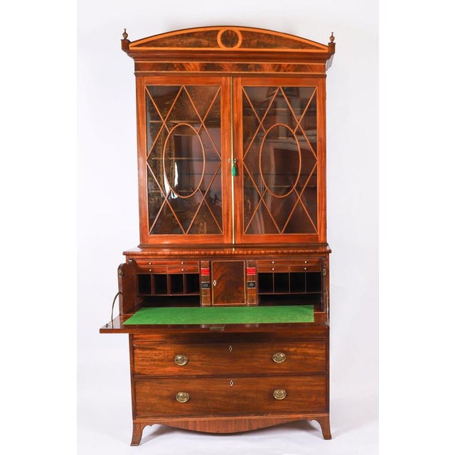 Antique George III Inlaid Flame Mahogany Secretaire Bookcase, 1815 For Sale - Image 3 of 18