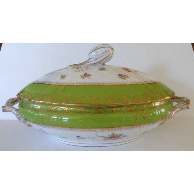 Beautifully hand painted German serving dish with the 'SAXE' mark on the bottom and both base and lid are numbered. The...