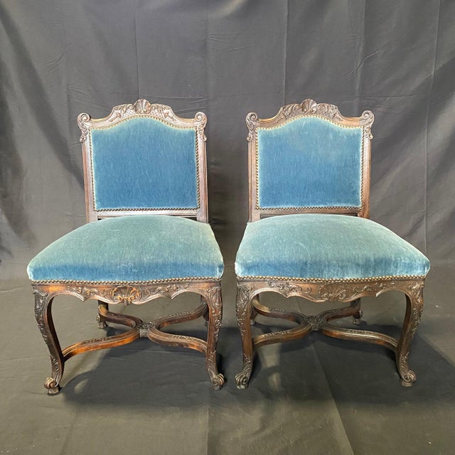 Textile French Louis XV Set of 4 Chairs With Original Blue Mohair Upholstery For Sale - Image 7 of 12