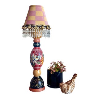 Tracy Porter Stonehouse Farm Goods Hand Painted Wooden Table Lamp With Checked Crystal Lamp Shade For Sale