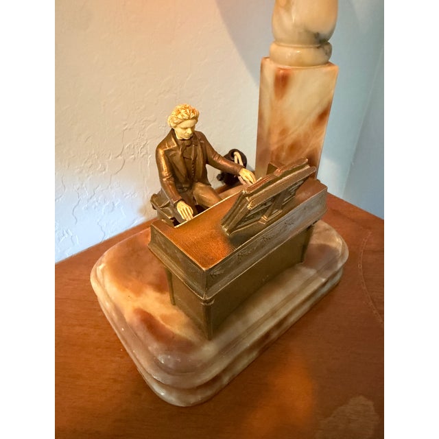 Antique Art Deco Alabaster Beehive Lamp With Spelter Pianist Figure For Sale - Image 4 of 10