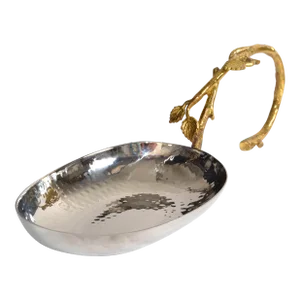 Vintage Handcrafted Hammered Stainless Steel Serving Dish Gold Brass Vine Stand India
