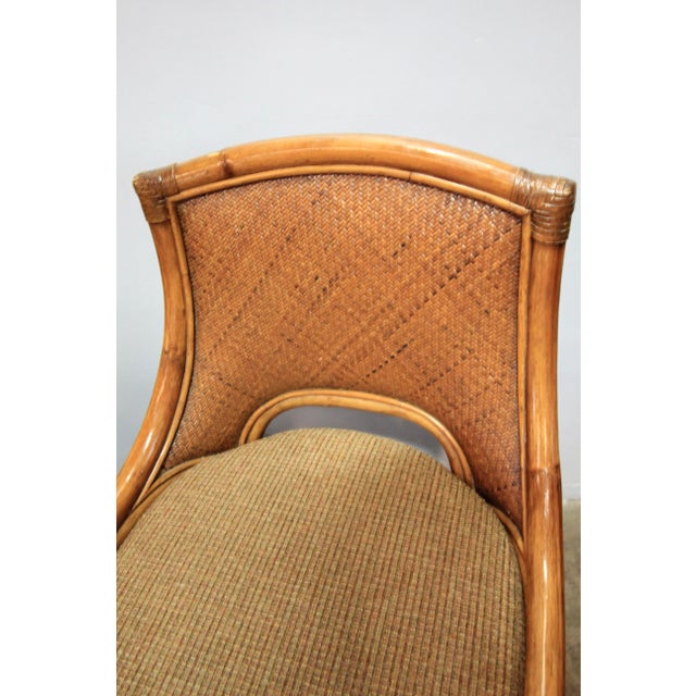 1970s Pair Vintage Coastal Woven Rattan Stools With New Upholstered Cushions For Sale - Image 5 of 7