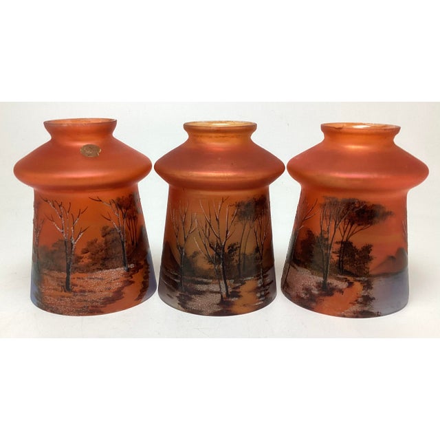 Art Nouveau Set of 3 Hand Blown Glass Hand Painted Czechoslovakia Art Nouveau Shades For Sale - Image 3 of 10