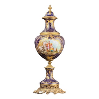 Cobalt Blue Porcelain Vase with Gilt Figural Reserve in the style of Sèvres, Befos For Sale
