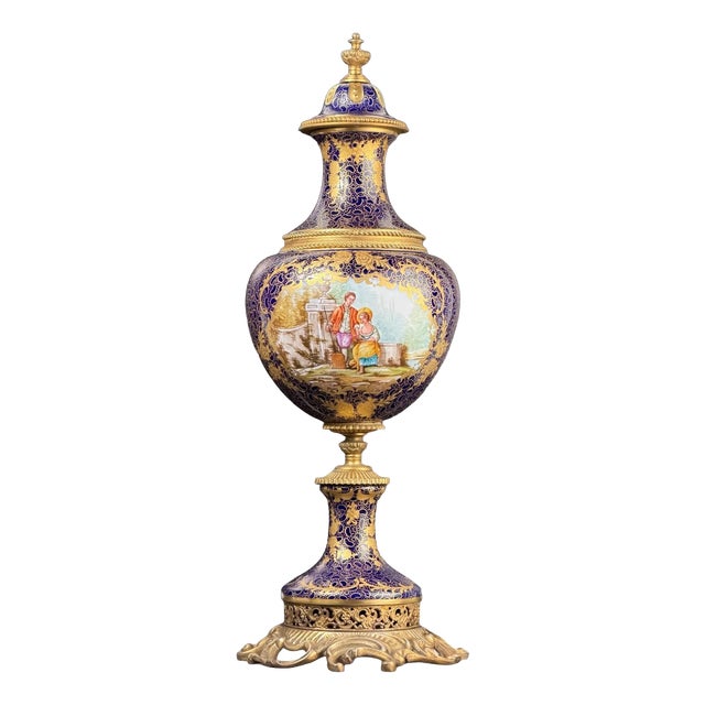 Cobalt Blue Porcelain Vase with Gilt Figural Reserve in the style of Sèvres, Befos For Sale