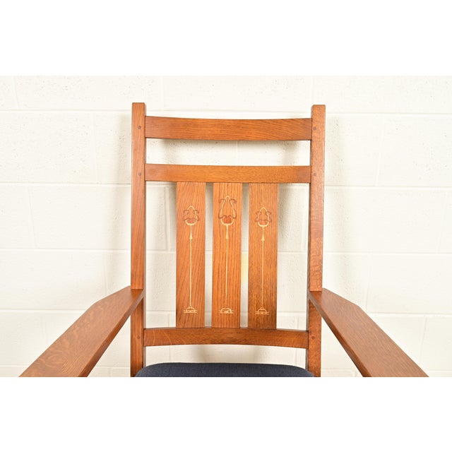 Stickley Harvey Ellis Collection Mission Inlaid Oak Arts & Crafts Rocking Chair For Sale In South Bend - Image 6 of 14