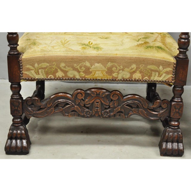 Antique French Louis XIV Style Needlepoint Tapestry Carved Walnut Arm Chair Pair For Sale - Image 14 of 18