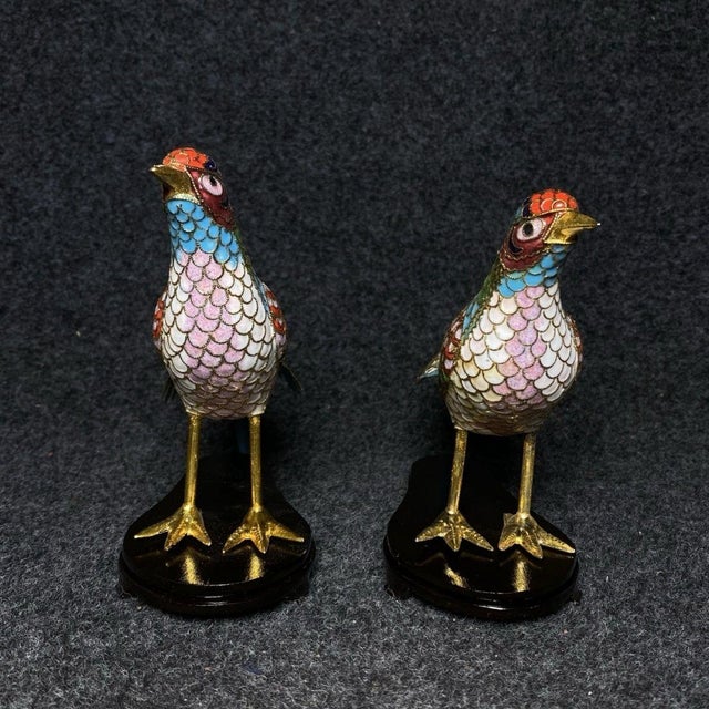 Pair of Cloisonne Enamel Pheasant Figures – 7.7" Golden Bird Sculptures on Stands For Sale - Image 4 of 9