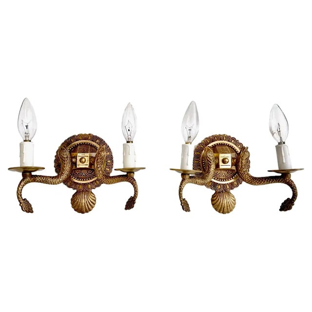 Pair Neoclassic Dolphin Shell Brass Wall Sconces For Sale - Image 13 of 13
