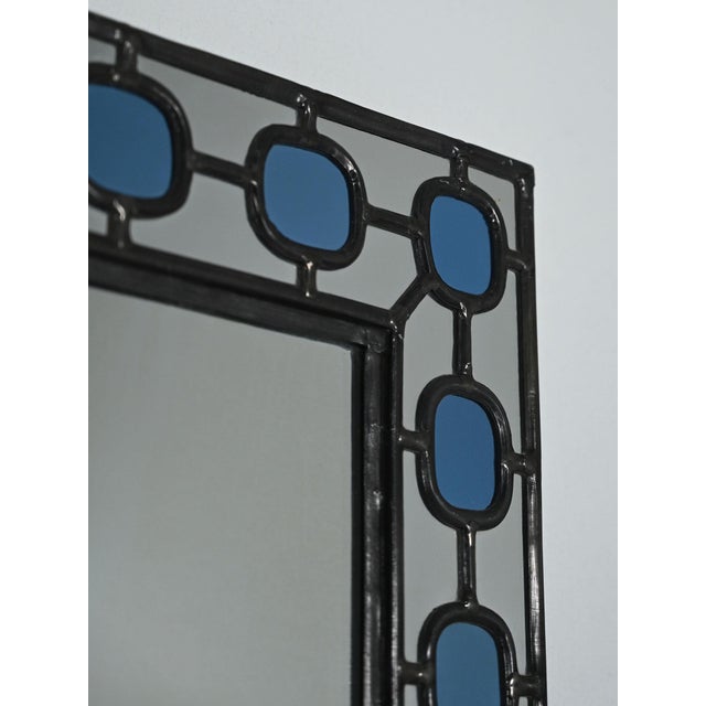 Scandinavian Mirror with Blue Leaded Glass Frame, 1940s For Sale - Image 3 of 9