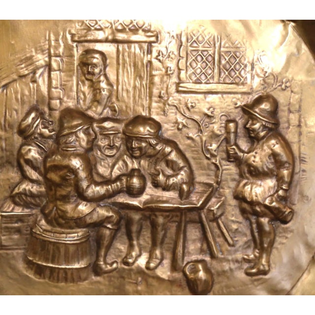 Metal Pair of 19th Century French Repoussé Copper Tavern Scene Wall Chargers For Sale - Image 7 of 12