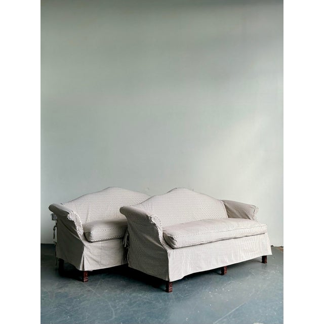 Alabaster Vintage Regency Ticking Stripe Slipcover Camelback Sofas - A Pair For Sale - Image 8 of 12