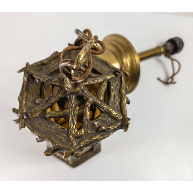 20th Century Arts & Crafts Brass and Slag Glass Gothic Tudor Revival Pendant Light For Sale - Image 10 of 15