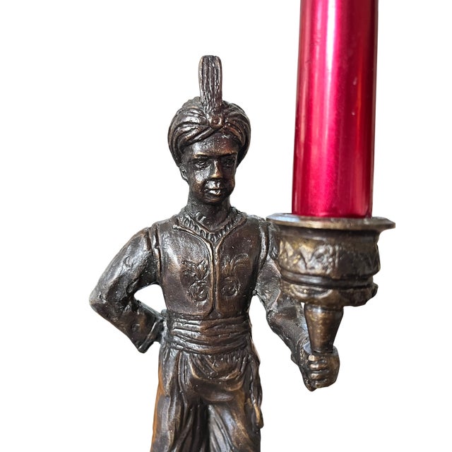 Metal Vintage Maitland-Smith Attributed Bronze Turbaned Attendant Figural Candlesticks Manner of Tony Duquette – A Pair For Sale - Image 7 of 13