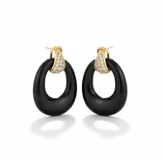 14k Yellow Gold Diamond and Carved Onyx Circle and Turquoise Door Knocker 1.5 Inch Earrings, a Pair For Sale In New York - Image 6 of 10