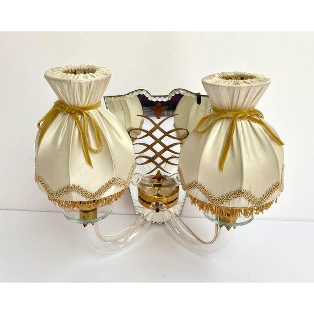 Art Deco Mirrored Brass Wall Sconces with Textile Shades, Italy, 1920s, Set of 2 For Sale - Image 4 of 10