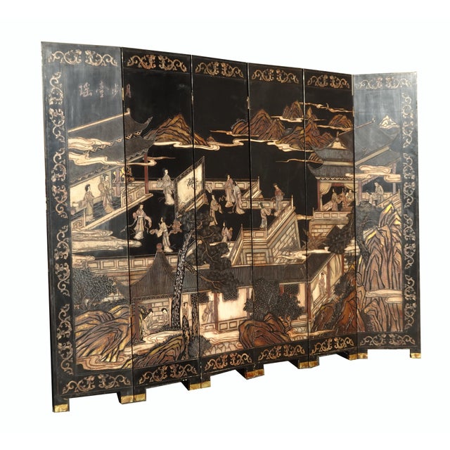 Vintage Oriental Asian Palace City Coromandel Chinoiserie Black Six Panel Screen For Sale - Image 4 of 17