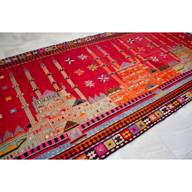 Textile Masterpiece 1963 Dated Turkish Kilim, Extra Large Pictorial Wall Tapestry, Vintage Wall Decor With Mosque Design, Rare Architectural Art For Sale - Image 7 of 15