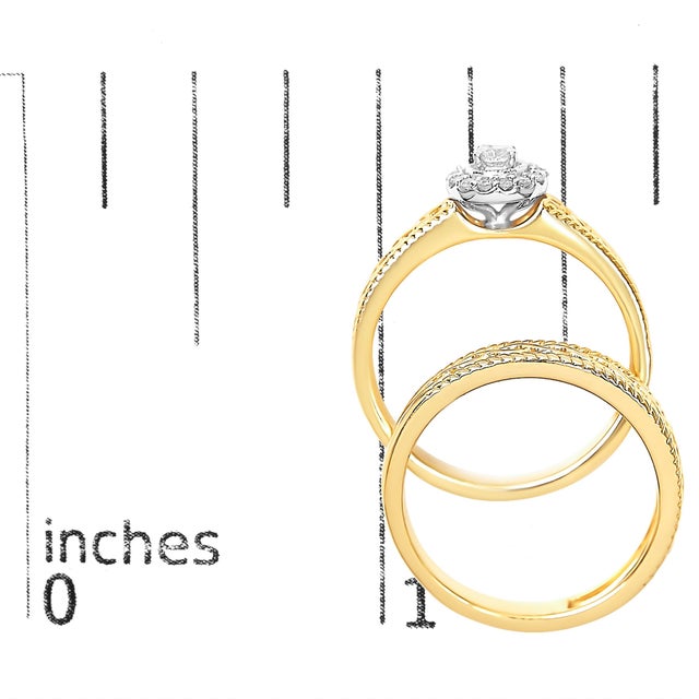 14K Yellow Gold Plated .925 Sterling Silver 1/5 Cttw Diamond Halo Engagement Ring and Wedding Band Set (I-J Color, I3 Clarity) - Size 7 For Sale In New York - Image 6 of 6