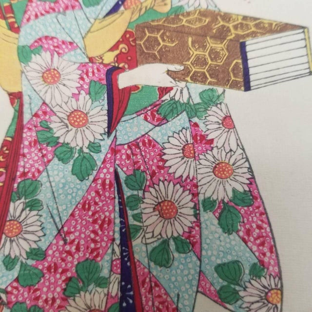 Vintage Japanese Ukiyo-E Period Woodblock Print Depicting Two Women With Scroll and Book For Sale - Image 12 of 15