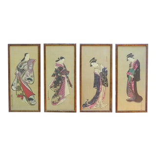 Set of 4 Japanese Nikuhitsu-Ga Do Shin Signed Portrait Paintings Mid Century Modern Framed Asian For Sale