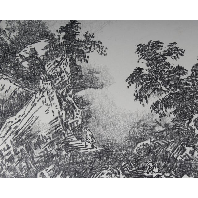 A graphite on paper drawing by the American artist James Spencer Russell (1915-2000). A solitary figure waves to the...