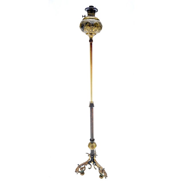 19h Century Cast Polished Brass Tripod Base Adjustable Height Oil Flor Lamp MINT For Sale - Image 16 of 17