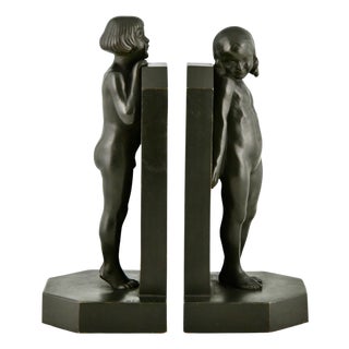 Art Deco Bronze Bookends with Children by Raoul Benard, 1930, Set of 2 For Sale