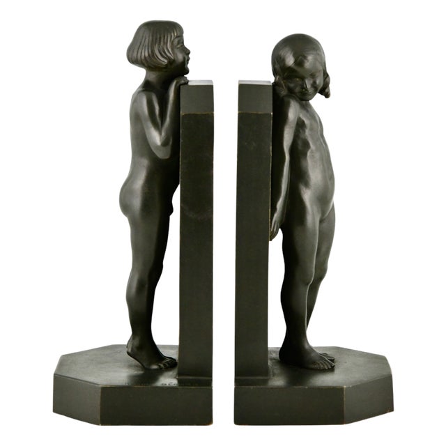 Art Deco Bronze Bookends with Children by Raoul Benard, 1930, Set of 2 For Sale