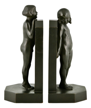 Art Deco Bronze Bookends with Children by Raoul Benard, 1930, Set of 2