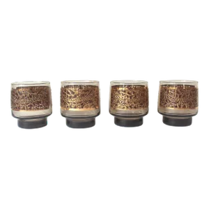 1960s Set of 4 Mid Century Modern Glasses Smokey Brown Short With Gold and Red Amber Embossed Detail