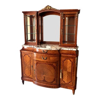 19th C Antique French Imprt Louis XVI Revival Marble Top Display Cabinet Buffet Vitrine For Sale