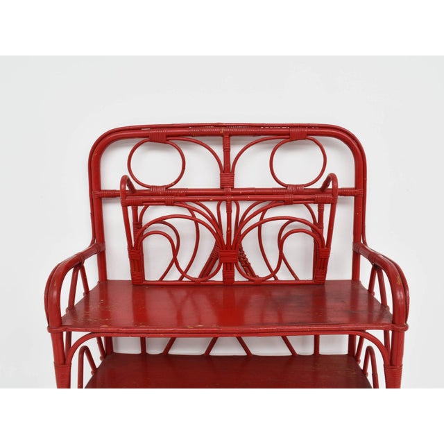 Red Painted Rattan Bookcase with Butterfly Magazine Holder by Renzo Morgiardino, 1930s For Sale - Image 4 of 7