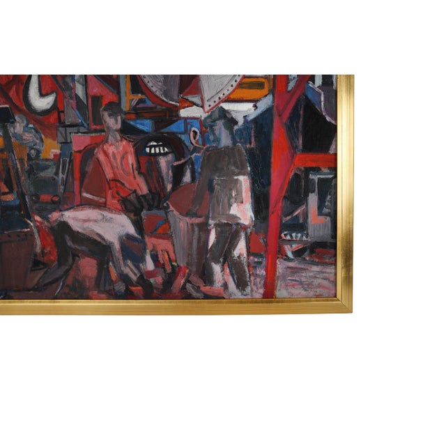 Red Mid Century Modernist Mechanical Painting on Canvas of the Port of Caen, France For Sale - Image 8 of 10