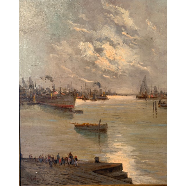 19th Century Gian Angelo Ugolini, Port of Marghera, 1890s, Oil Painting on Panel For Sale - Image 5 of 7