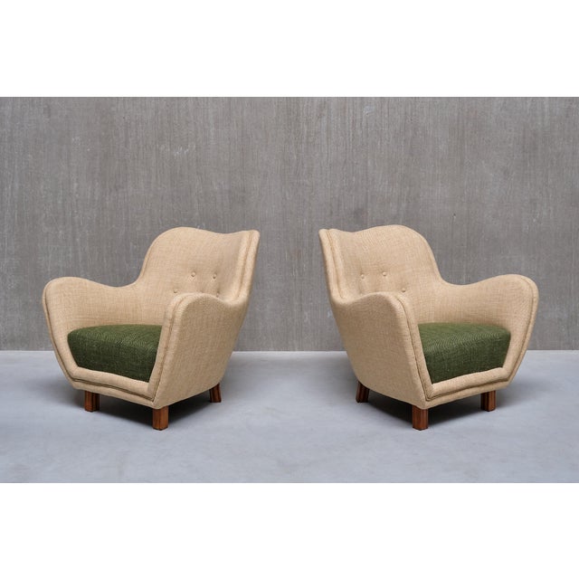 Set of Armchairs in Pierre Frey Fabric and Elm by Sten Wicéns, Sweden, 1950s For Sale - Image 4 of 15