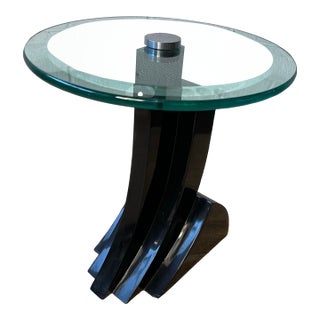 Karl Springer Style Black Lacquer Pedestal Side Table With Glass Top For Sale