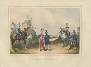 After Madou, Belgium Army Regiment Near a Windmill, 1833, Hand-Colored Print