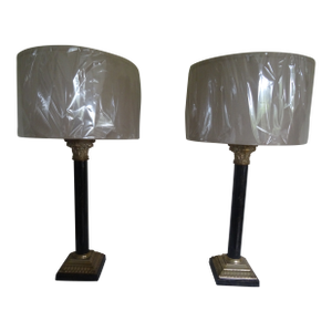 Late 20th Century Corinthian Column Lamps With New Wrapped Shades - a Pair