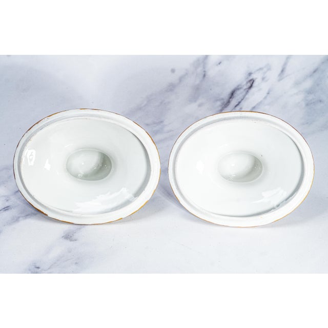 Pair of Hand Painted Antique Blue and Gold Porcelain Covered Urns For Sale - Image 14 of 18