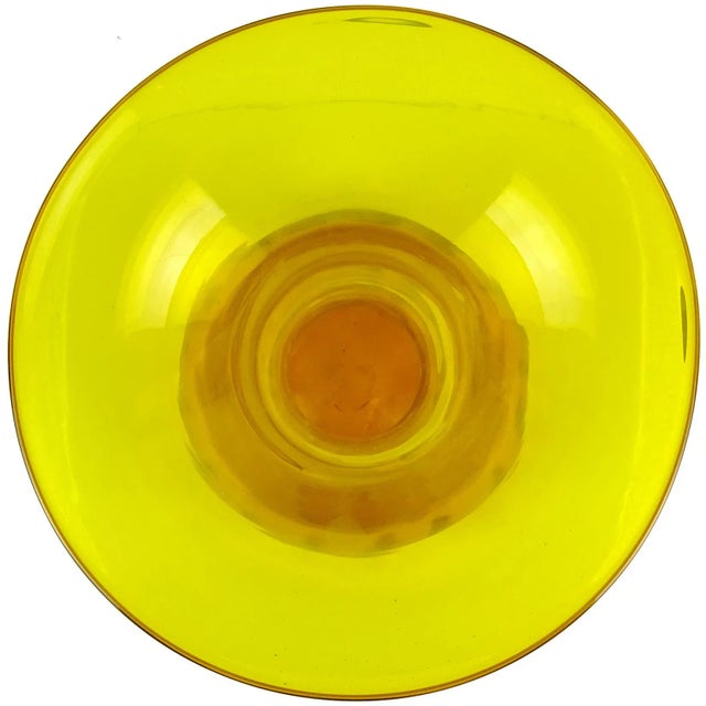 Beautiful large vintage hand blown golden yellow orange art glass flower vase. In the style of the Blenko company and...