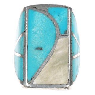 sz10 60's-70's Zuni sterling turquoise and shell channel inlay ring For Sale