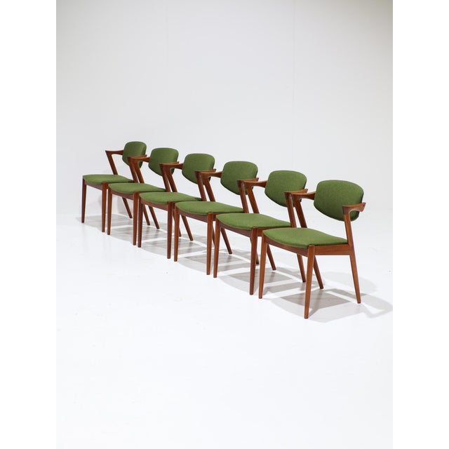 Model 42 Dining Chairs in Teak and Green Fabric by Kai Kristiansen for Schou Andersen, Denmark, 1960s, Set of 6 For Sale - Image 15 of 15