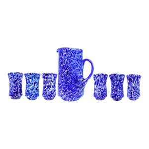 Late 20th Century Gibson Cobalt Blue Marble Design Pitcher & Tumblers Glassware Set - 7 Pieces