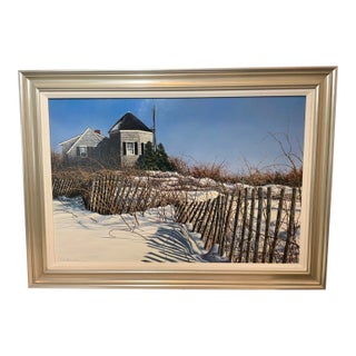 1980s Original Linda Stanton Moore Hyannisport Hypo Realism Winter Oil Painting Canvas For Sale